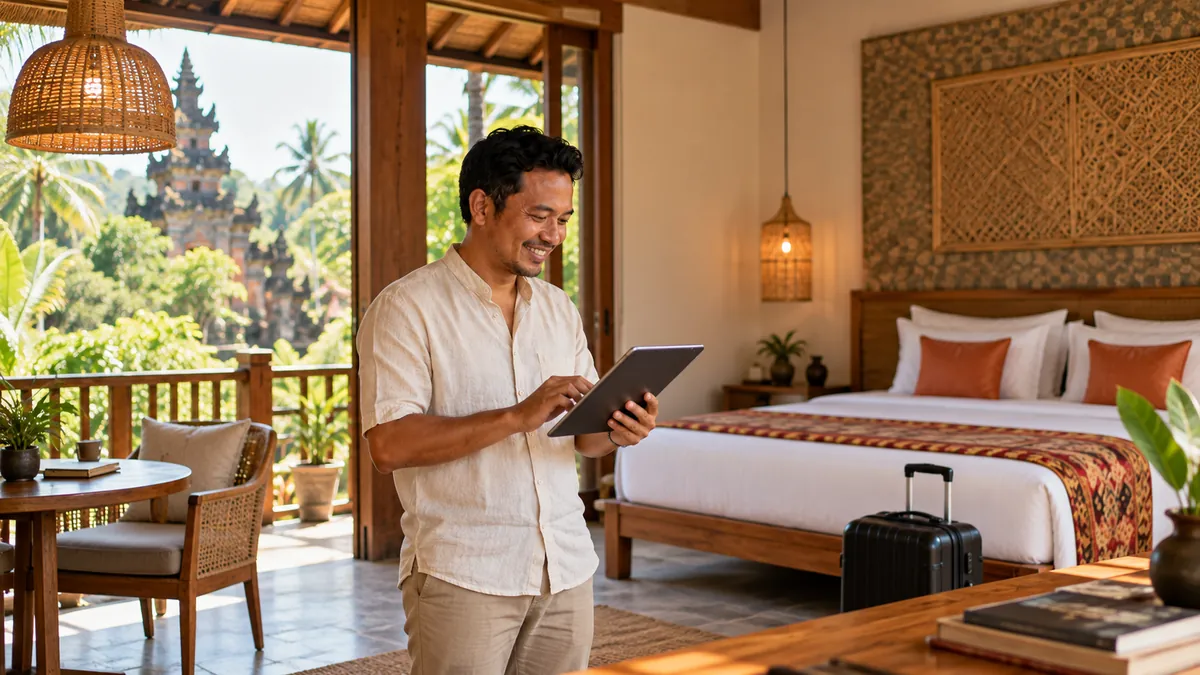 Hotel owner checking a tablet in a guest room