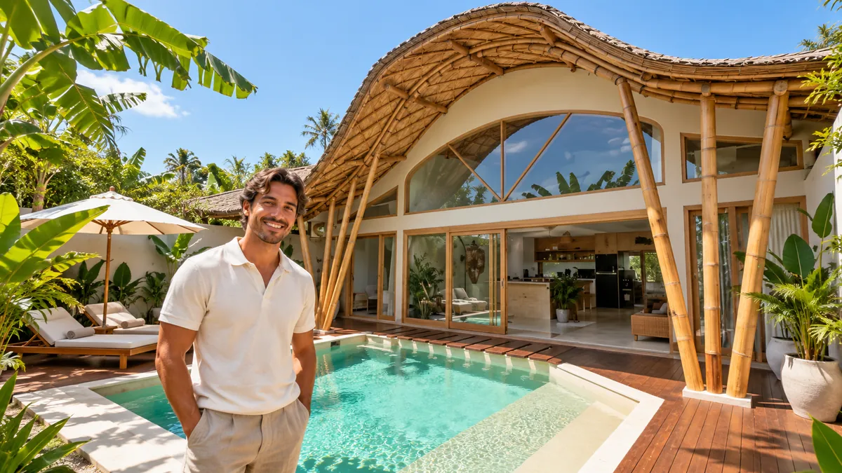 Villa owner standing by the pool of his villa